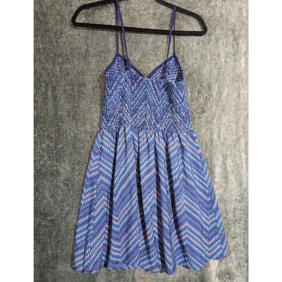 Blue Smocked Chevron Mini Dress with Adjustable Straps Geometric Print Medium - Picture 5 of 5